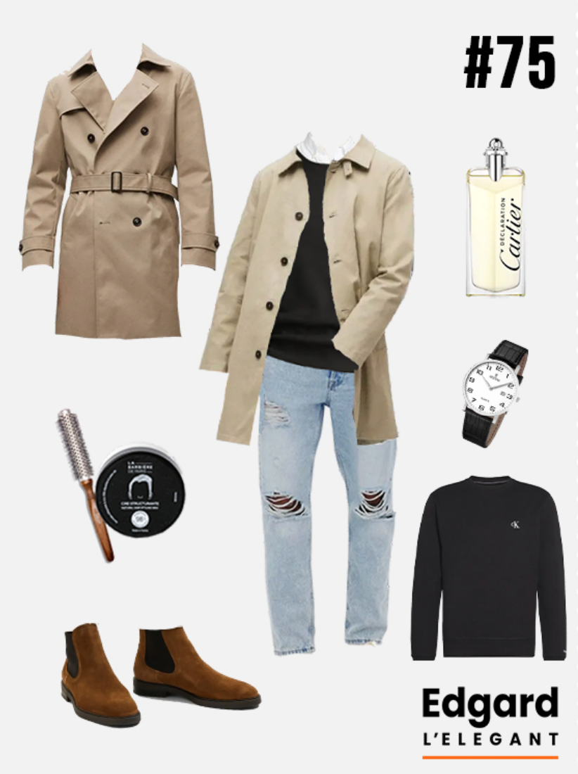idée look homme mode trench coat jean boots chemise