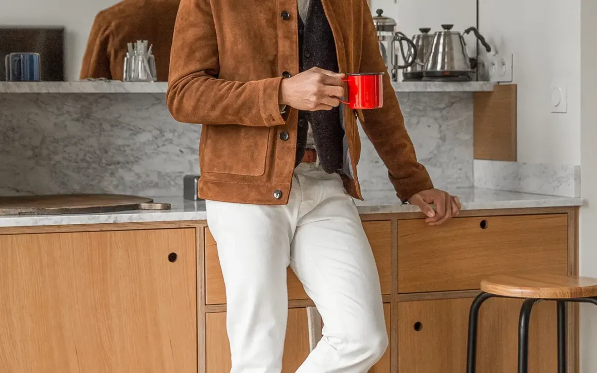 veste en daim marron trendy tenue
